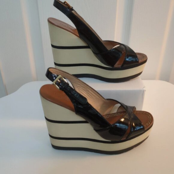 Kate Spade Black & Cream Striped Platform Shoes, Size 6.5, EUC - Picture 3 of 7